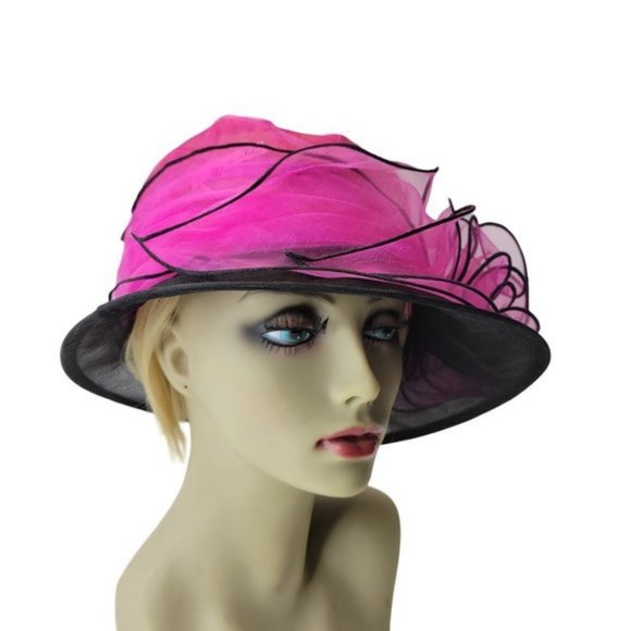 Pink and Black Ruffles Organza Packable Adjustable Dress Hat - Picture 8 of 16
